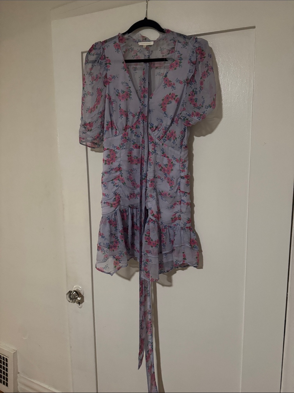 LoveShackFancy Lavender Floral Tie-Waist Ruffle Mini Dress